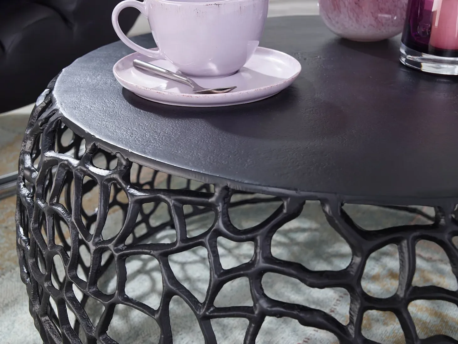 Mesa de Centro Redonda Aluminio Negro 66x66x30 cm Metal | Mesa Auxiliar para Salón Moderna | Mesita Café Pequeña para Sofá