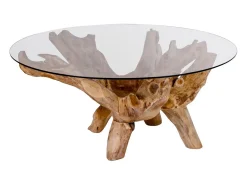 Mesa de centro redonda AMAZONAS de teca y cristal Ø110 cm