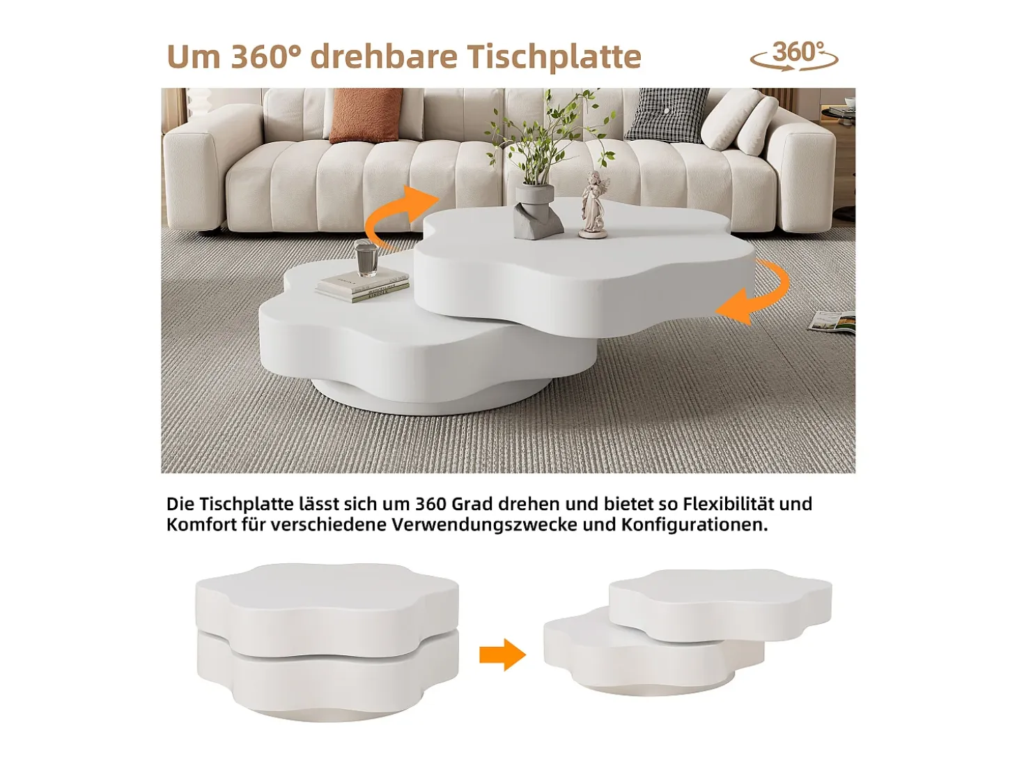 Mesa de centro redonda con tablero giratorio 360° y LED, diseño floral, MDF, crema (74,8x67,5x31 cm)