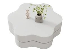 Mesa de centro redonda con tablero giratorio 360° y LED, diseño floral, MDF, crema (74,8x67,5x31 cm)
