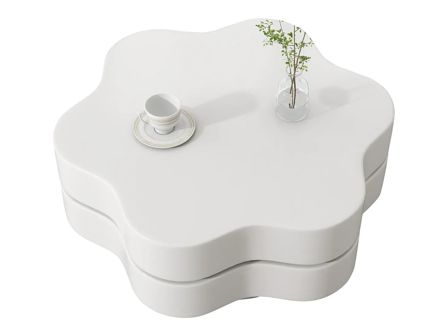 Mesa de centro redonda con tablero giratorio 360° y LED, diseño floral, MDF, crema (74,8x67,5x31 cm)