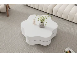 Mesa de centro redonda con tablero giratorio 360° y LED, diseño floral, MDF, crema (74,8x67,5x31 cm)
