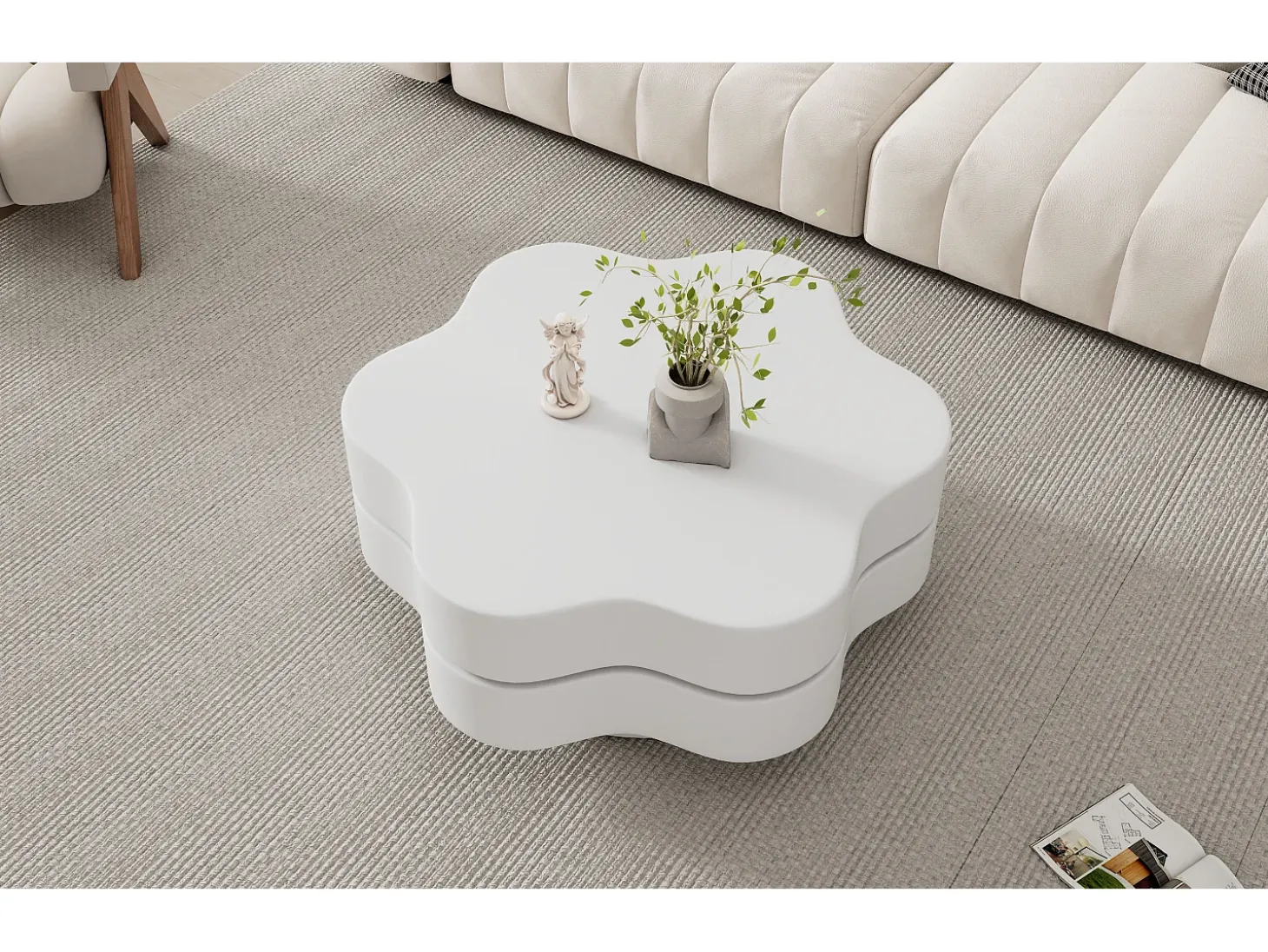 Mesa de centro redonda con tablero giratorio 360° y LED, diseño floral, MDF, crema (74,8x67,5x31 cm)