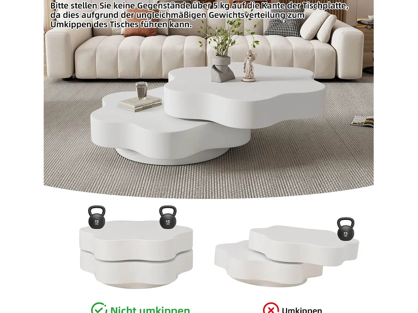 Mesa de centro redonda con tablero giratorio 360° y LED, diseño floral, MDF, crema (74,8x67,5x31 cm)