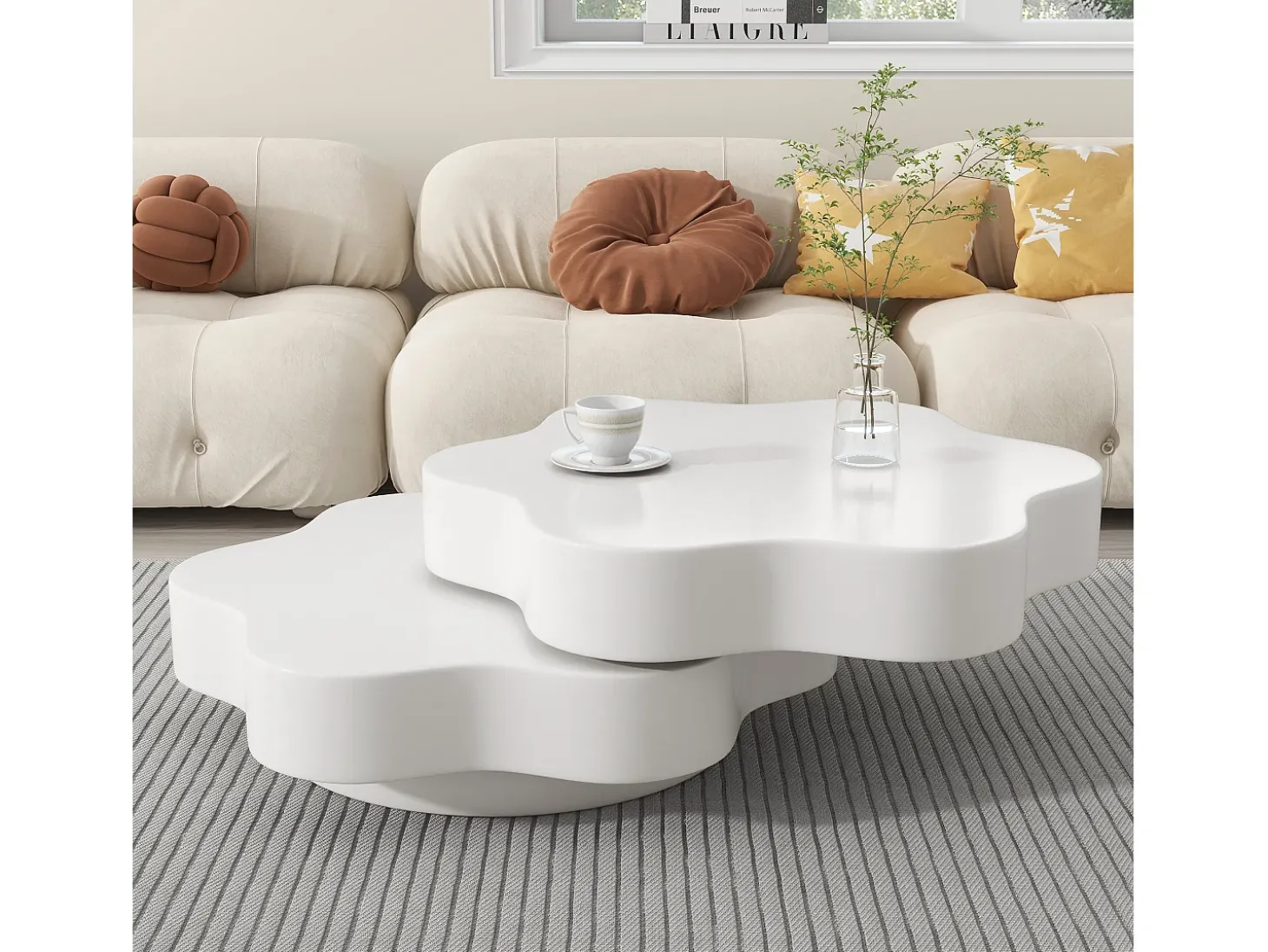 Mesa de centro redonda con tablero giratorio 360° y LED, diseño floral, MDF, crema (74,8x67,5x31 cm)