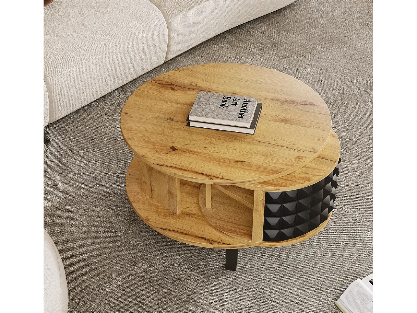 Mesa de centro redonda con estantes de almacenamiento giratorios - 85,2 x 80 x 45,2 cm - Tablero de partículas - Natural + Negro