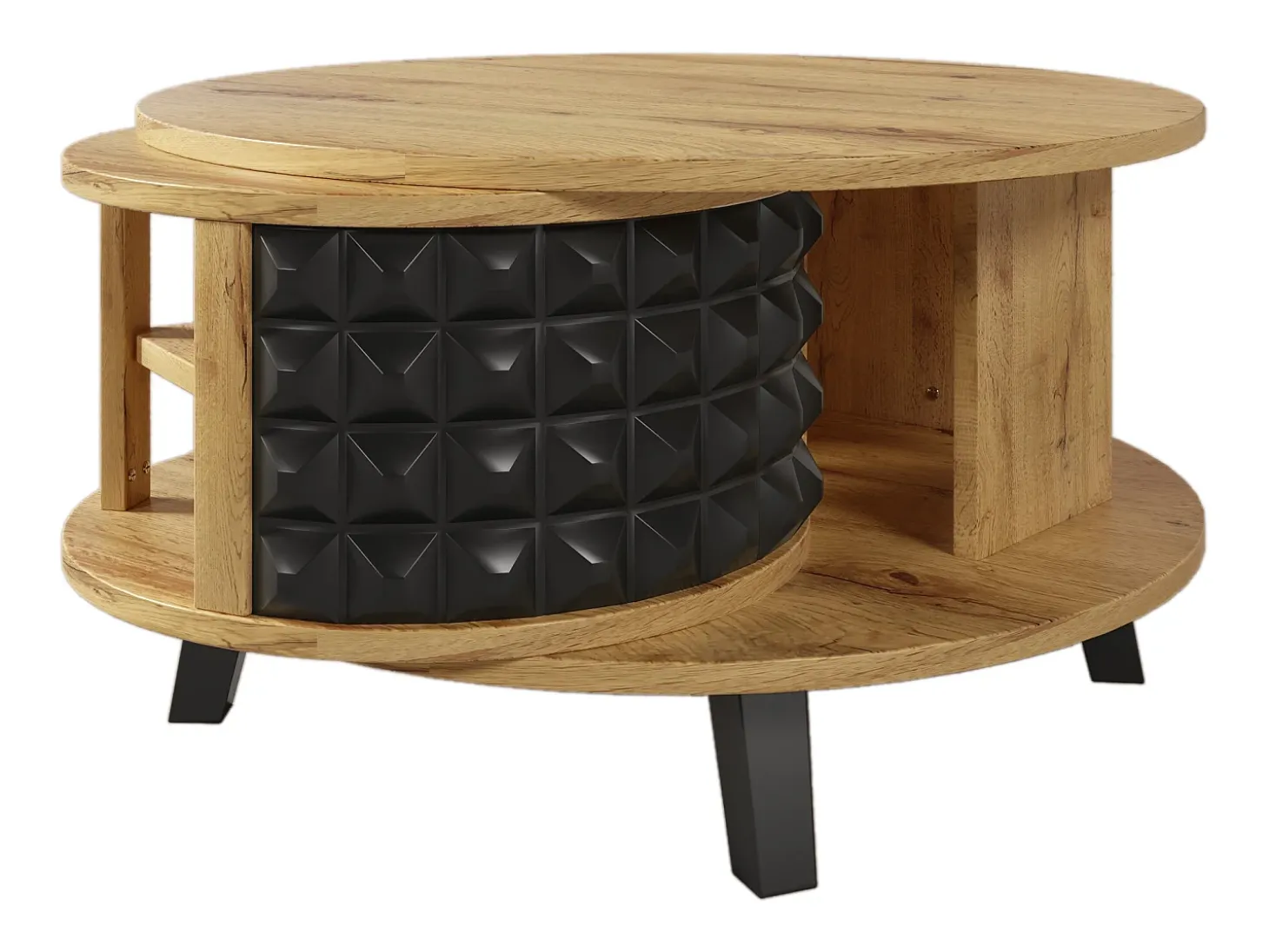 Mesa de centro redonda con estantes de almacenamiento giratorios - 85,2 x 80 x 45,2 cm - Tablero de partículas - Natural + Negro