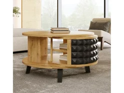 Mesa de centro redonda con estantes de almacenamiento giratorios - 85,2 x 80 x 45,2 cm - Tablero de partículas - Natural + Negro