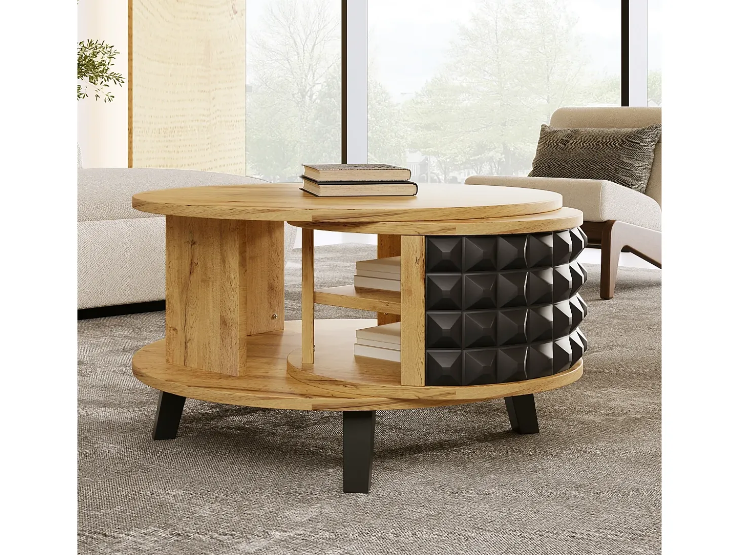 Mesa de centro redonda con estantes de almacenamiento giratorios - 85,2 x 80 x 45,2 cm - Tablero de partículas - Natural + Negro