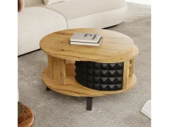 Mesa de centro redonda con estantes de almacenamiento giratorios - 85,2 x 80 x 45,2 cm - Tablero de partículas - Natural + Negro