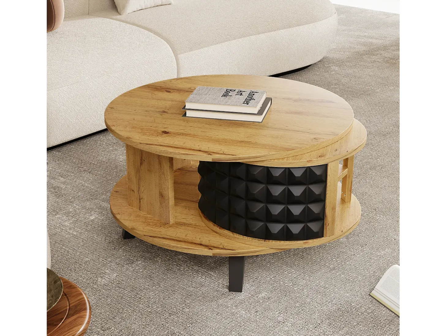 Mesa de centro redonda con estantes de almacenamiento giratorios - 85,2 x 80 x 45,2 cm - Tablero de partículas - Natural + Negro