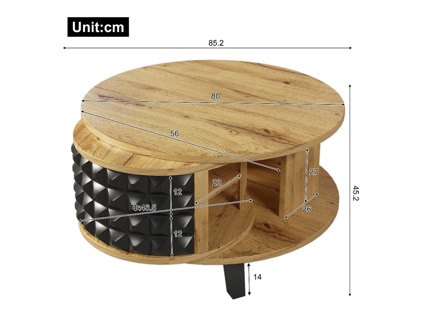 Mesa de centro redonda con estantes de almacenamiento giratorios - 85,2 x 80 x 45,2 cm - Tablero de partículas - Natural + Negro