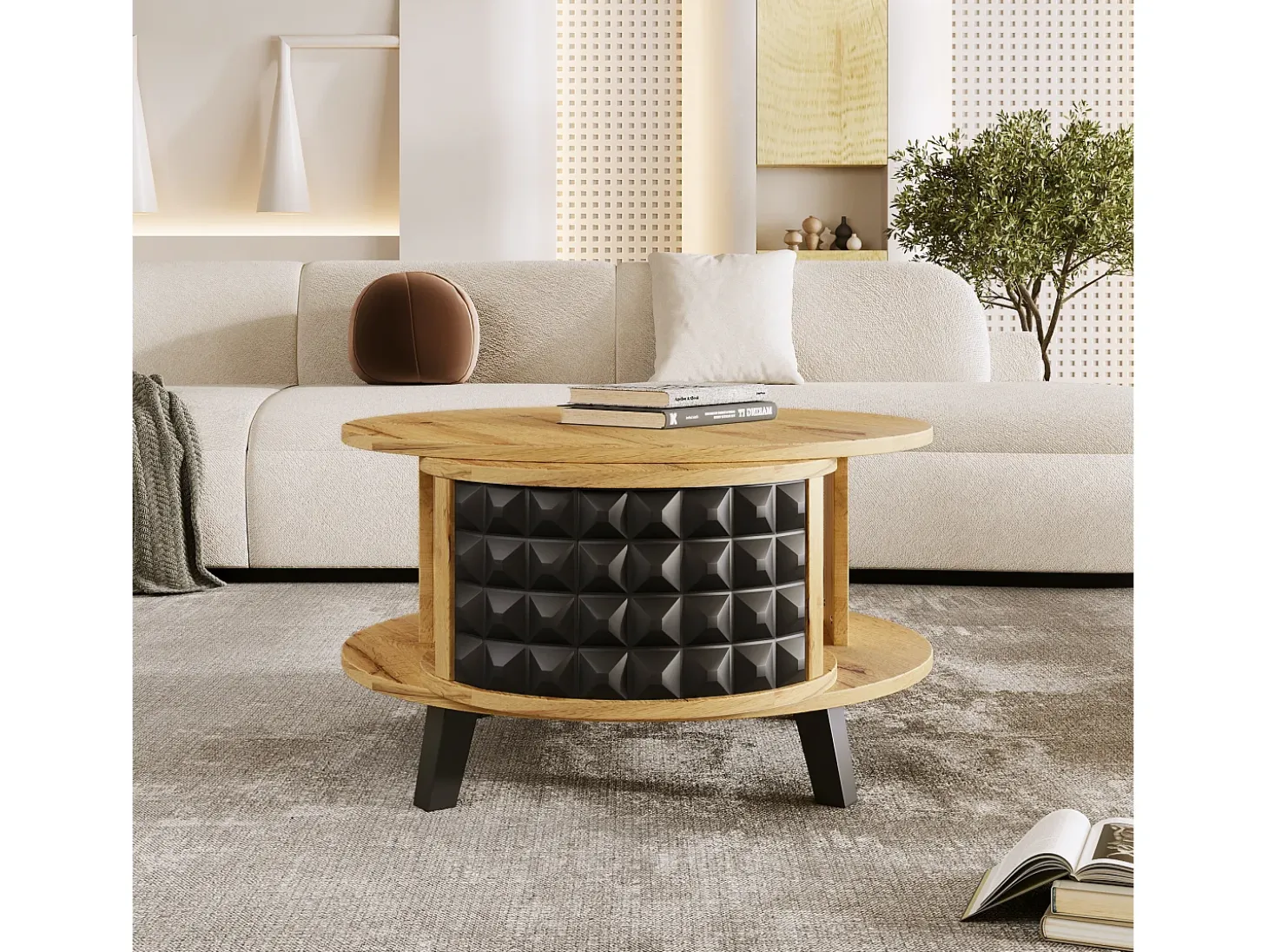 Mesa de centro redonda con estantes de almacenamiento giratorios - 85,2 x 80 x 45,2 cm - Tablero de partículas - Natural + Negro