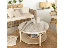 Mesa de centro redonda de madera de mango y mármol Isabella con almacenamiento