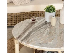 Mesa de centro redonda de madera de mango y mármol Isabella con almacenamiento