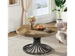 Mesa de centro redonda de madera, mesa de centro circular de 80 cm con pedestal de metal, mesa de centro industrial única, mesa de centro pequeña para sala de estar