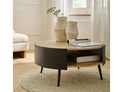 Mesa de centro redonda de 2 niveles con laterales de metal negro, Ø80 cm - EKLO