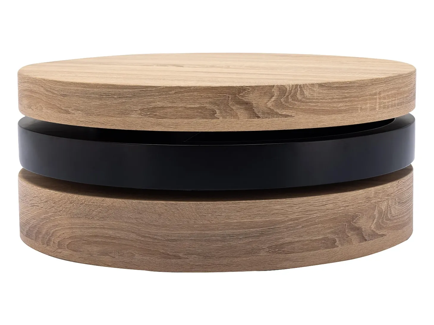 Mesa de centro redonda giratoria con 1 estante de MDF - Negro y natural claro - JANITA