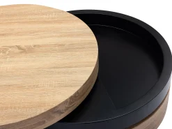 Mesa de centro redonda giratoria con 1 estante de MDF - Negro y natural claro - JANITA