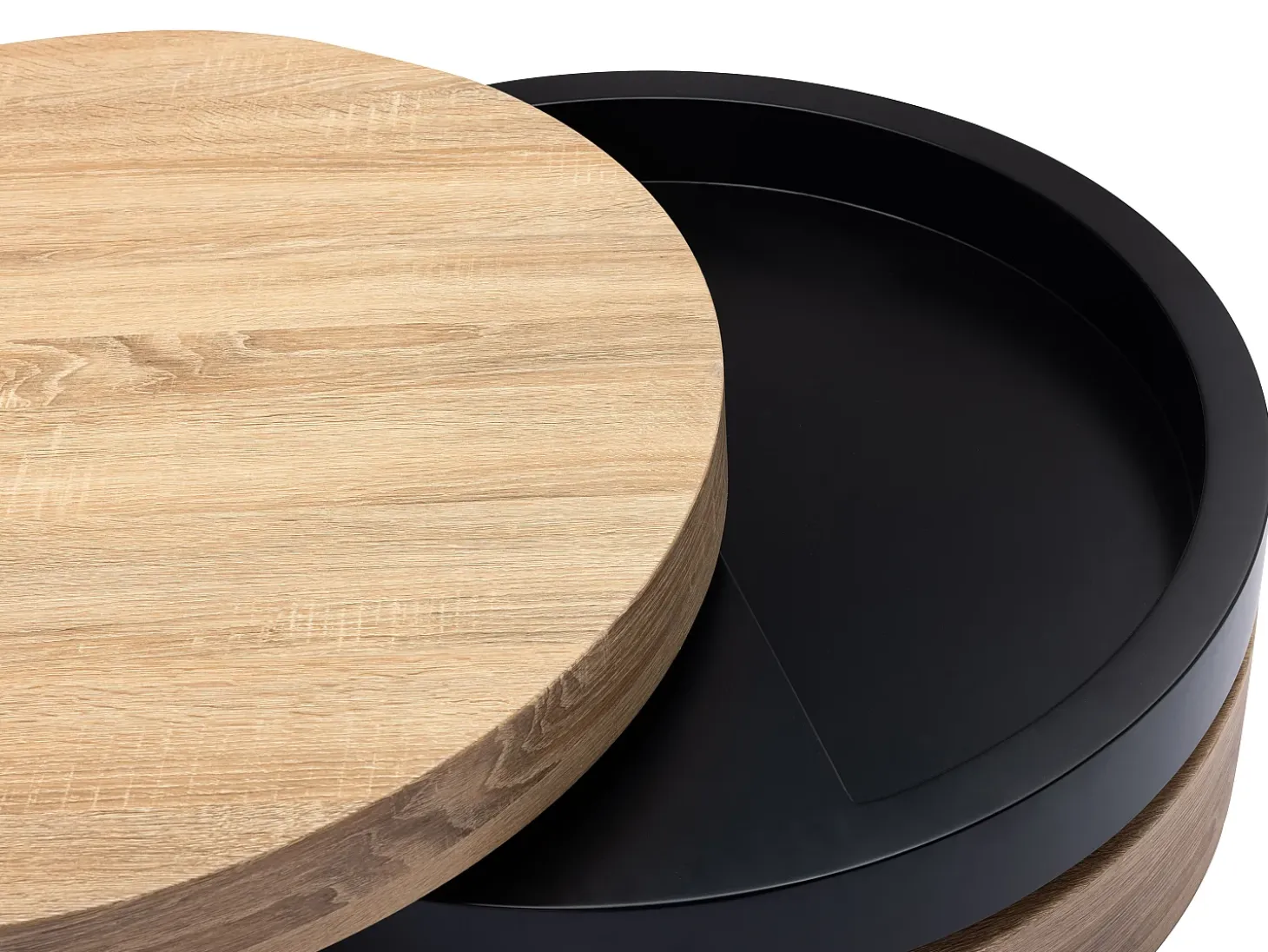 Mesa de centro redonda giratoria con 1 estante de MDF - Negro y natural claro - JANITA