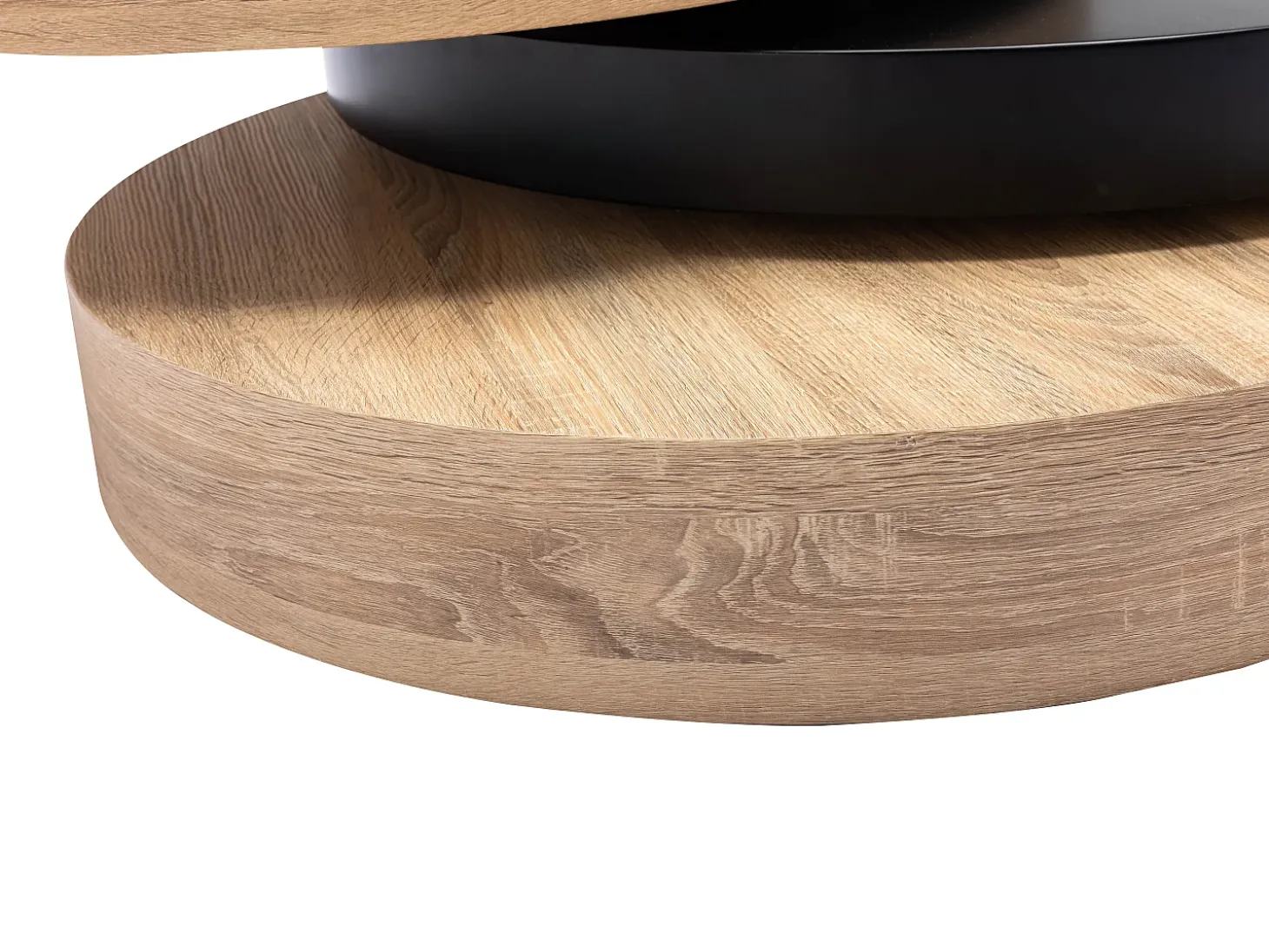Mesa de centro redonda giratoria con 1 estante de MDF - Negro y natural claro - JANITA