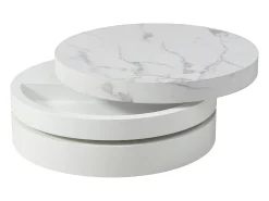 Mesa de centro redonda giratoria con 1 estante - MDF - Efecto mármol blanco - JANITA