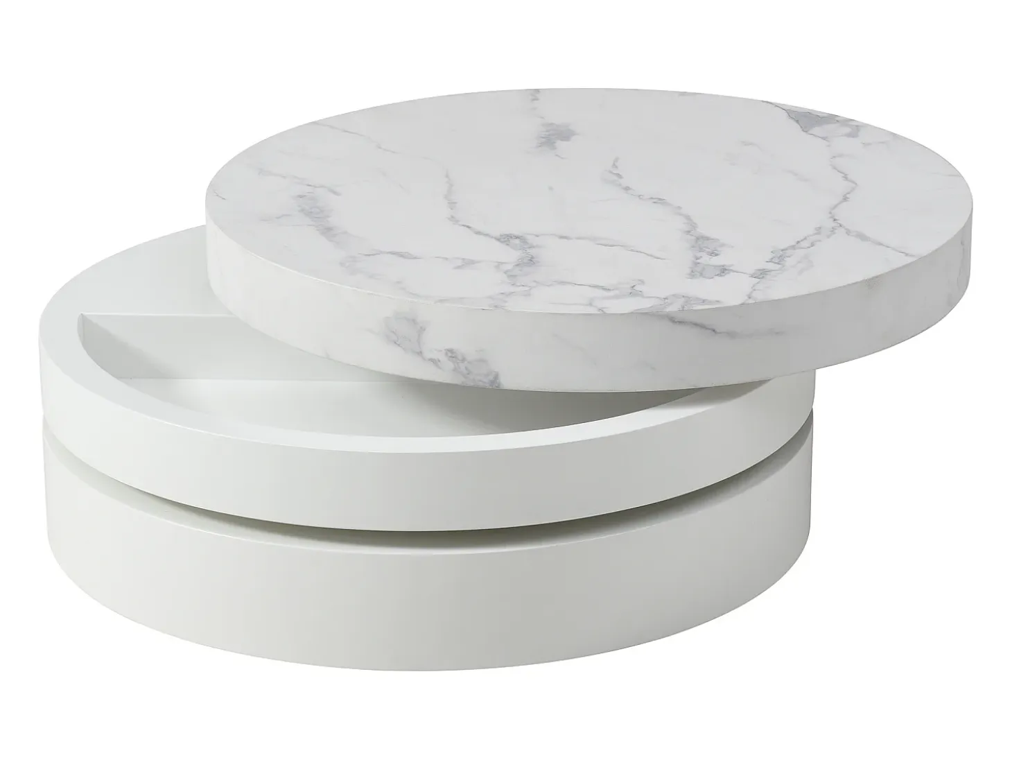 Mesa de centro redonda giratoria con 1 estante - MDF - Efecto mármol blanco - JANITA
