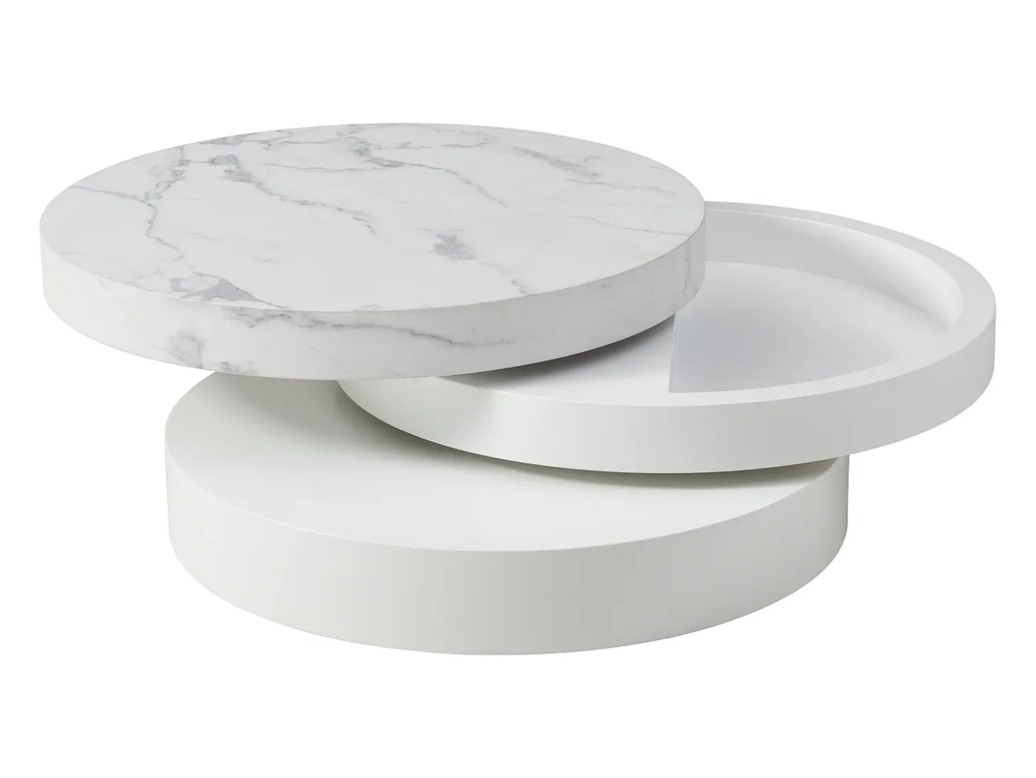 Mesa de centro redonda giratoria con 1 estante - MDF - Efecto mármol blanco - JANITA