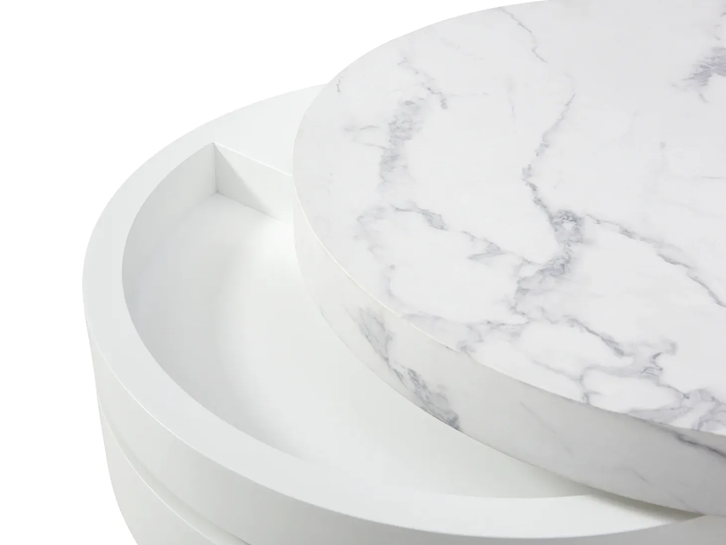Mesa de centro redonda giratoria con 1 estante - MDF - Efecto mármol blanco - JANITA