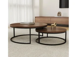 Mesa de centro redonda, juego de 2 mesas de centro, mesas auxiliares nido, madera y metal, diseño moderno, color nogal marrón.
