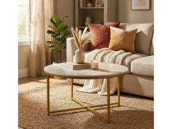 Mesa de centro redonda moderna de 90 cm de metal y efecto mármol Sulley+ - Oro
