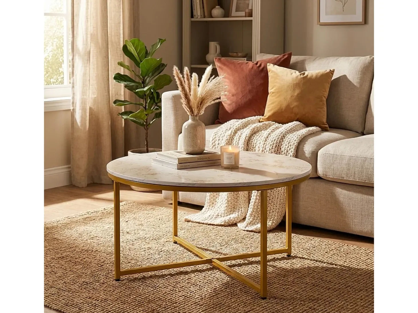 Mesa de centro redonda moderna de 90 cm de metal y efecto mármol Sulley+ - Oro