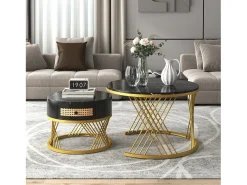 Mesa de centro redonda nido con cajón - Diseño de mármol negro - Patas de metal dorado
