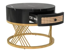 Mesa de centro redonda nido con cajón - Diseño de mármol negro - Patas de metal dorado