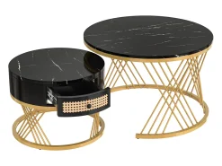 Mesa de centro redonda nido con cajón - Diseño de mármol negro - Patas de metal dorado