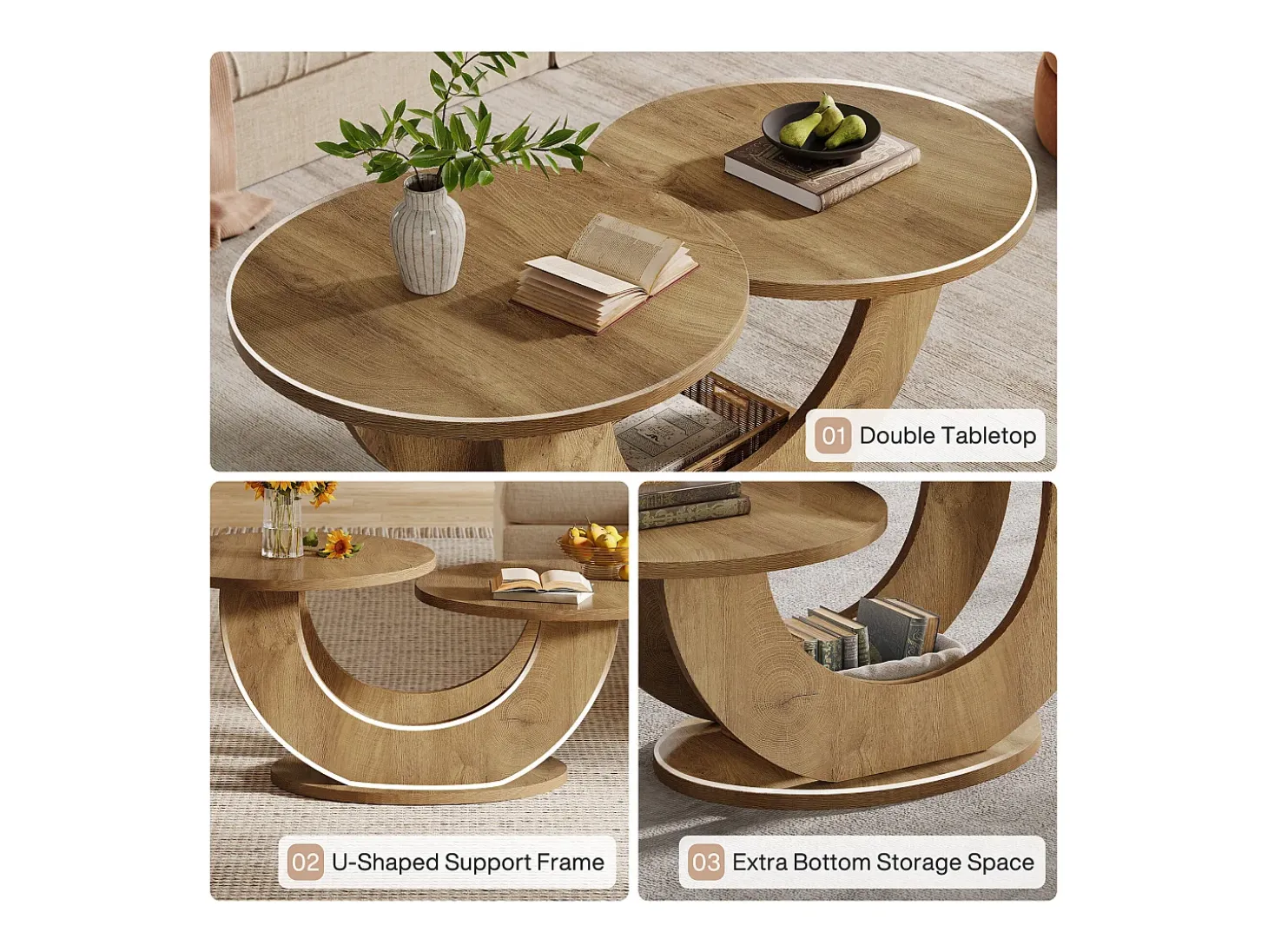 Mesa de centro redonda para sala de estar, mesa de centro rústica de 2 niveles con estructura en forma de U