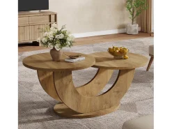 Mesa de centro redonda para sala de estar, mesa de centro rústica de 2 niveles con estructura en forma de U