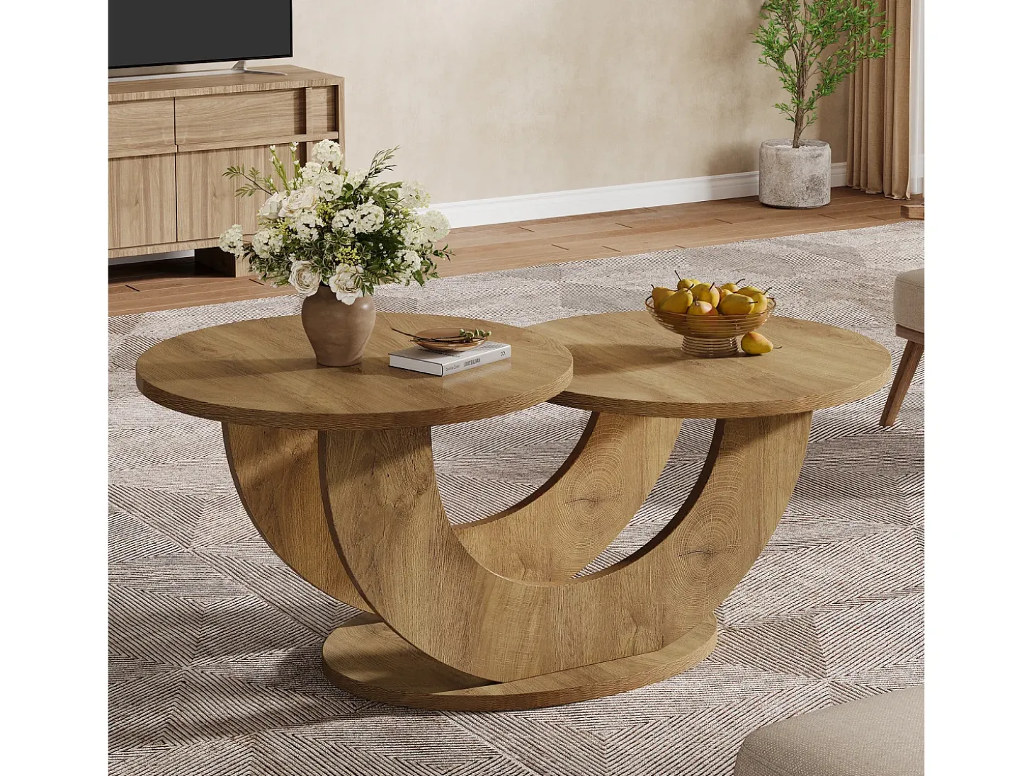 Mesa de centro redonda para sala de estar, mesa de centro rústica de 2 niveles con estructura en forma de U