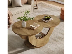 Mesa de centro redonda para sala de estar, mesa de centro rústica de 2 niveles con estructura en forma de U