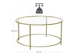 Mesa de centro redonda Valora con estructura de acero dorado y tablero de cristal