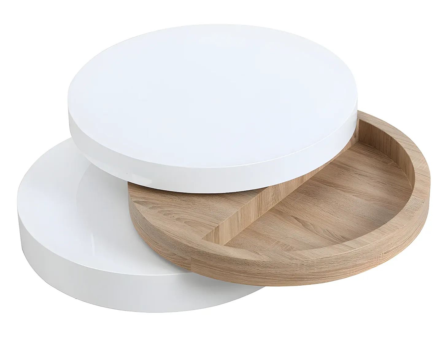 Mesa de centro redonda y pivotante - 3 tableros - MDF - Color: blanco y roble. JANITA