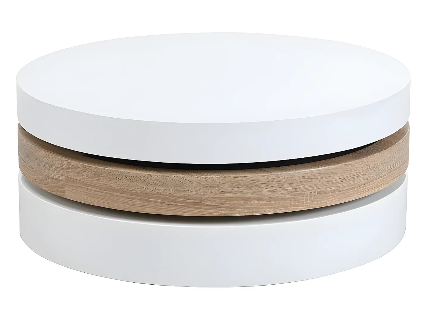Mesa de centro redonda y pivotante - 3 tableros - MDF - Color: blanco y roble. JANITA