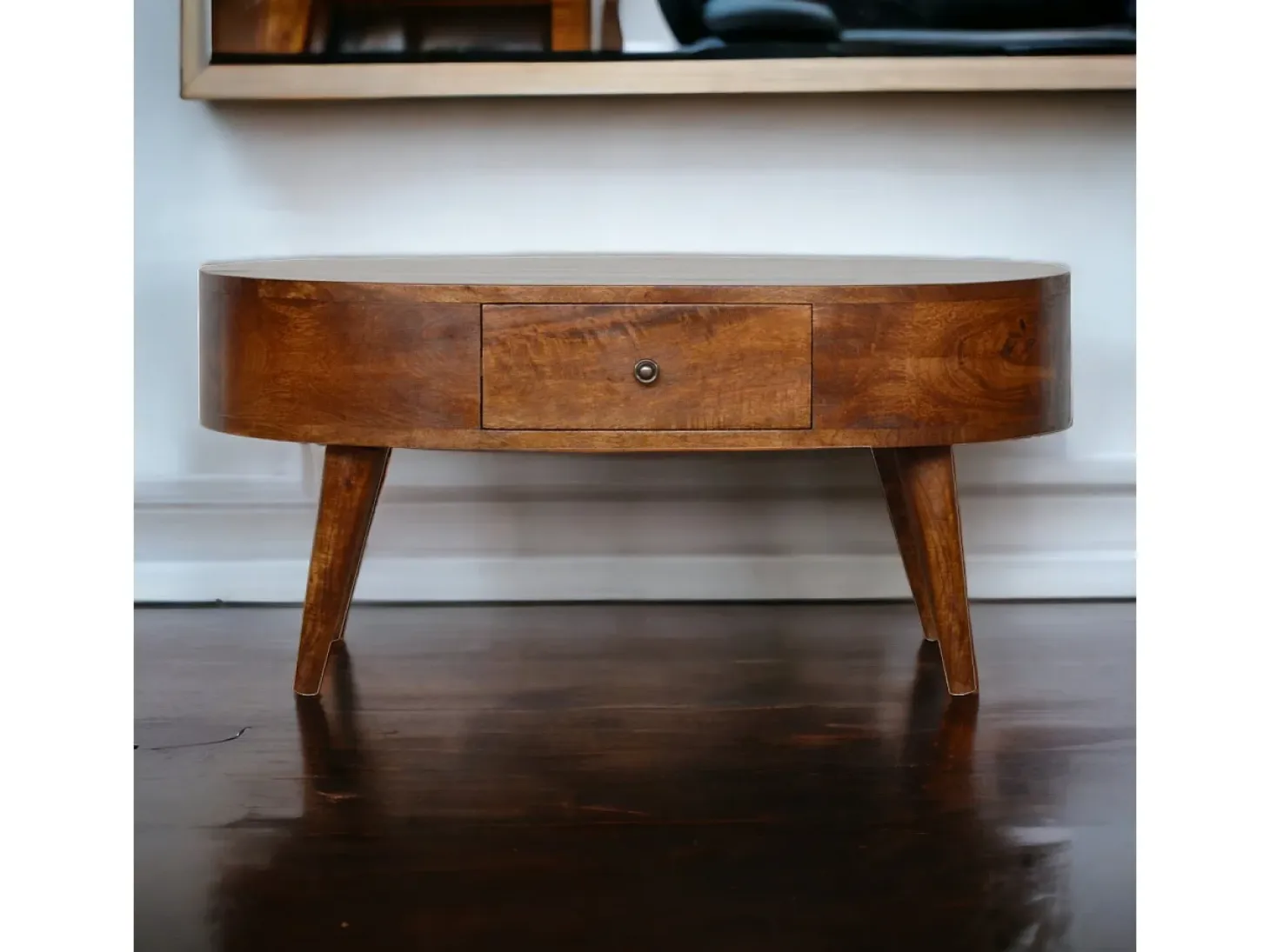 Mesa de centro redondeada de castaño Artisan Furniture, 2 cajones, marrón