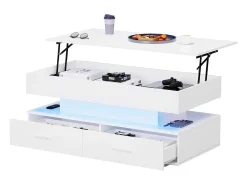Mesa de centro regulable en altura con LED - 2 cajones - Controlada por APP - Blanco