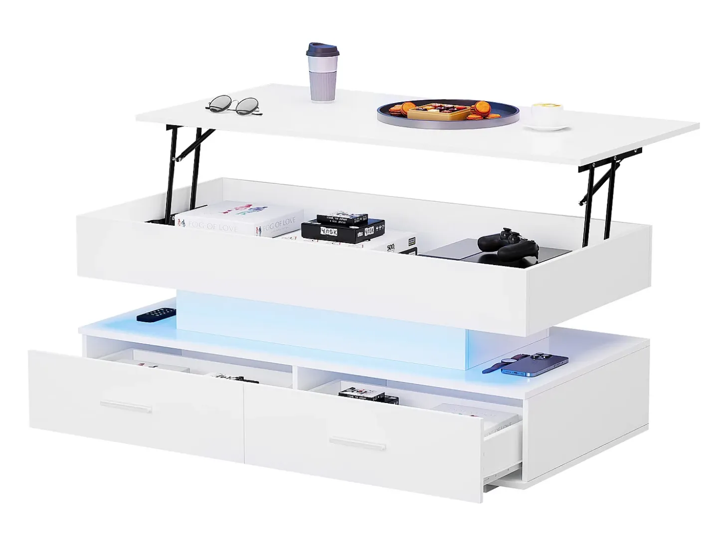 Mesa de centro regulable en altura con LED - 2 cajones - Controlada por APP - Blanco