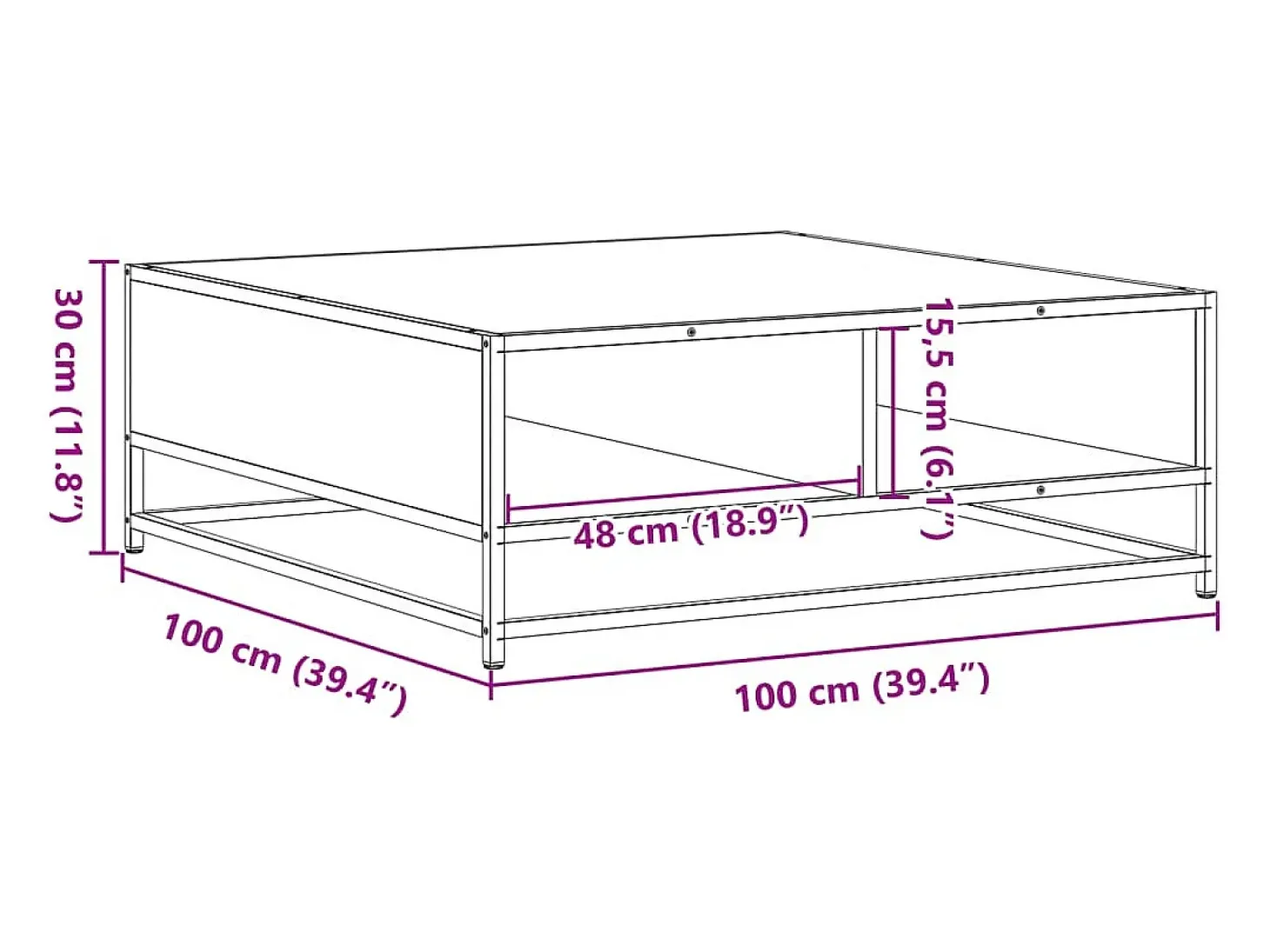 Mesa de centro roble marrón 100x100x30 cm madera contrachapada/metal