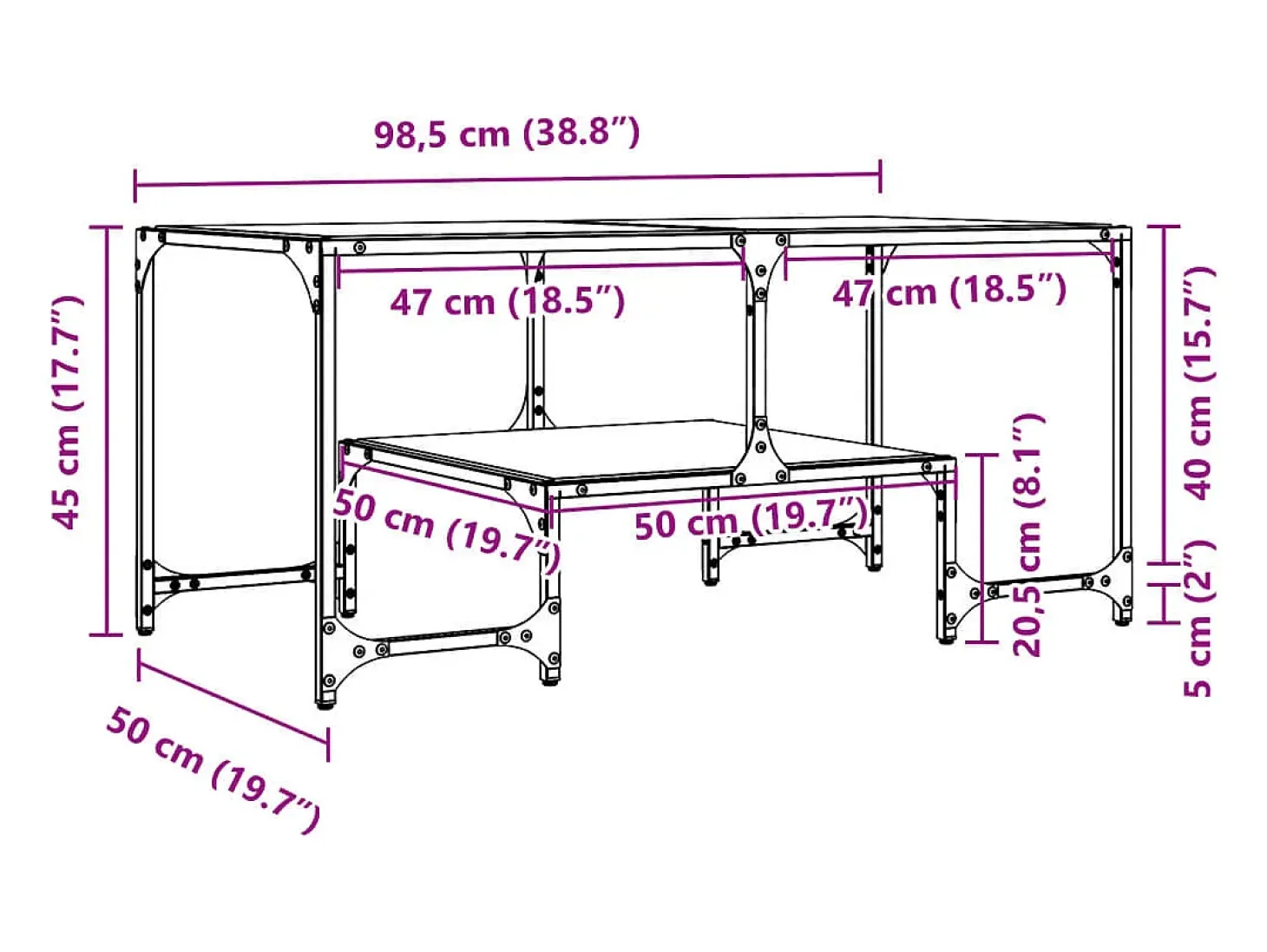 Mesa de centro superficie de vidrio acero negra 98,5x50x45 cm