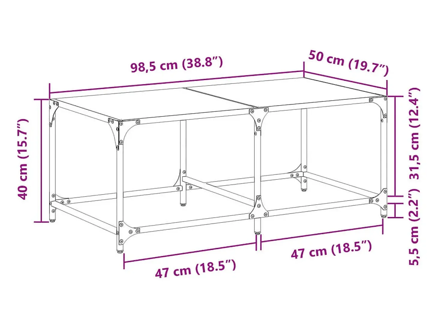 Mesa de centro superficie de vidrio acero negra 98,5x50x40 cm