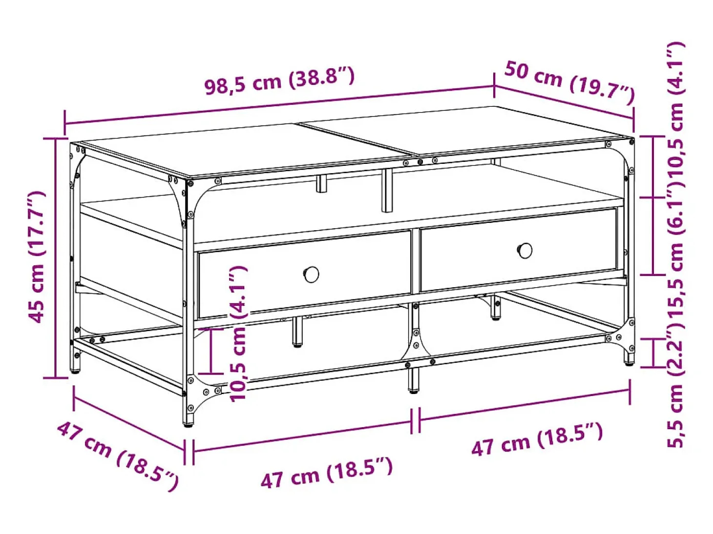 Mesa de centro superficie de vidrio acero negro 98,5x50x45 cm