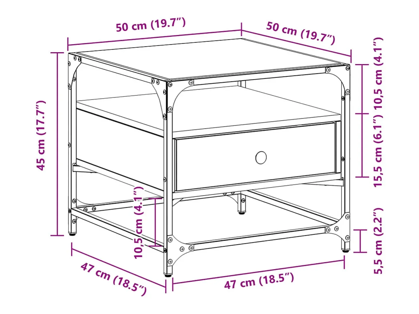 Mesa de centro tapa de vidrio acero roble ahumado 50x50x45 cm